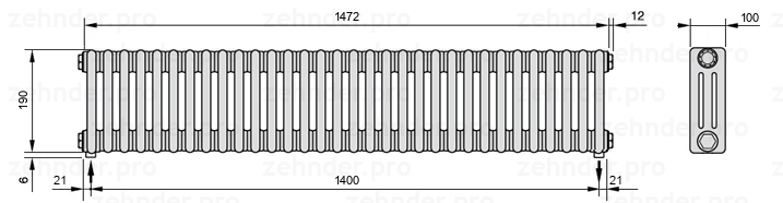 Схема (чертеж) Радиатор Zehnder Charleston 3019/32 №5310 Белый глянцевый RAL 9016